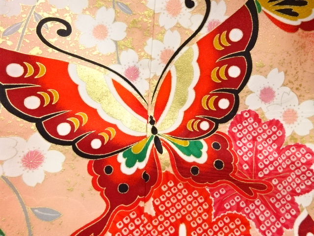  枝垂れ桜に蝶模様子供着物(重ね衿付き)